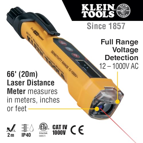 Klein Tools NCVT-6 Non-Contact Volt Tester, 12 - 1000V AC Pen with Integrated Laser Distance Measure, LED and Audible Alarms, Pocket Clip - style: with Laser Distance Meter