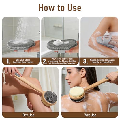 Back Scrubber for Shower & Body Scrubber 2 Pack - Silicone & Nylon Bristles - color: Grey