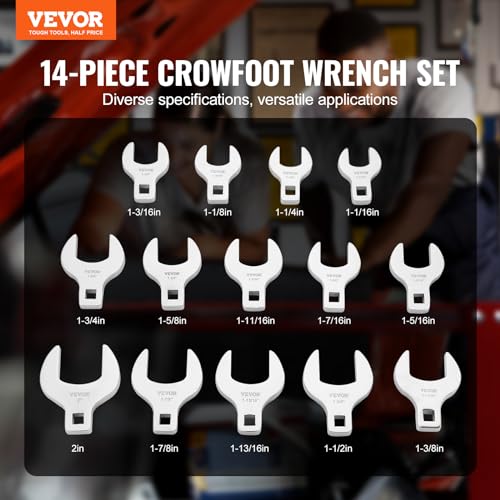 VEVOR Crowfoot Wrench Set, 1/2" Drive 14-Piece SAE (1-1/16" - 2") Crows Foot Wrench Set with Storage Tray, 40CR Material with Laser Etched Sizing, for Mechanical Maintenance and Repairs - size: 1/2" 14 PCS