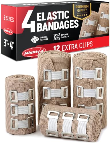 Premium Elastic Bandage Wrap - 4pk (2x3in, 2x4in) + 12 Extra Clips - Strong Compression Bandage Wrap for Leg, Arm, Wrists, Elbow, Ankles, Feet and Knees - for First Aid Kit and After Surgery Recovery - size: 4 Piece Set
