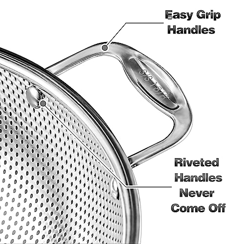 Tiawudi Large 6-Qt Colander, 18/8 Stainless Steel Mesh Strainer for Kitchen, Food Sieve with Riveted Handles and Self-draining Solid Ring Base, Great for Pasta, Rice, Vegetables and Fruits