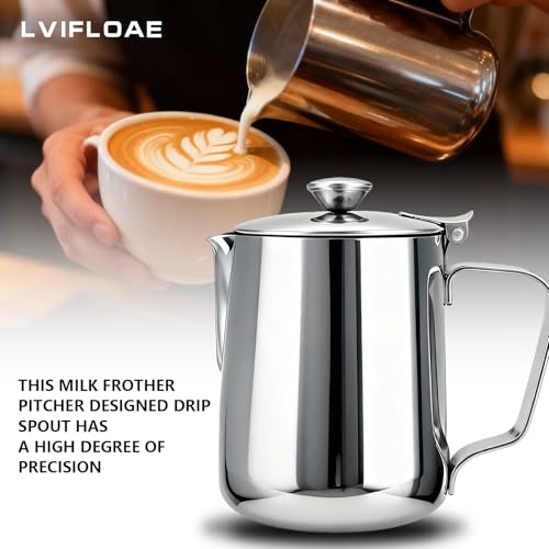 Stainless Steel Milk Frothing Pitcher with Lid 350ml, Coffee Frother Cup for Espresso Cappuccino Latte Hot Chocolate, Dripless Pour Spout Ergonomic Handle for Home Office Cafe Kitchen