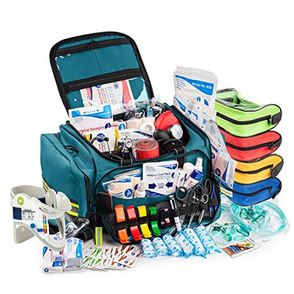 Scherber Fully-Stocked First Responder Professional Advanced EMT/EMS Trauma Kit | HSA/FSA Approved | Reflective Bag w/10+ Compartments, Zippered Pockets & 250+ First Aid Supplies (Blue) - color: Blue