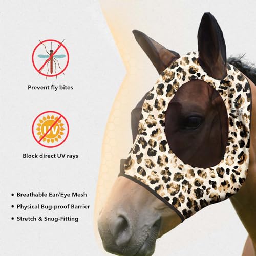 Harrison Howard Super Comfort Stretchy Fly Mask Large Eye Space with UV Protection Soft on Skin with Breathability Leopard Print M Cob - color: Leopard Print, size: Cob (Medium)