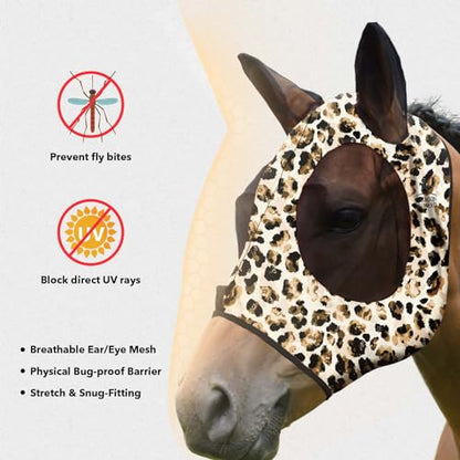 Harrison Howard Super Comfort Stretchy Fly Mask Large Eye Space with UV Protection Soft on Skin with Breathability Leopard Print M Cob - color: Leopard Print, size: Cob (Medium)