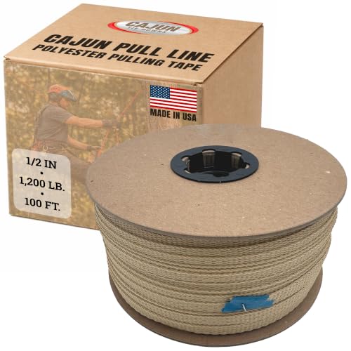 Cajun Tie Downs Pull Line — 1/2 Inch, 1,200 lb, Flat Polyester Pulling Tape, Conduit Wire Pulling, Made in USA, Beige, 100 ft - color: Beige, size: 1/2 Inch x 100 Feet (1200 lb)