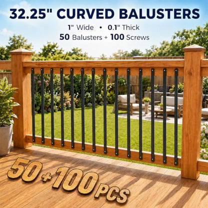 50 Pack 32.25" Aluminum Deck Balusters with Screws | Rust-Resistant Aluminum, Pre-Drilled for Side-Mount, Anti-Bend Flat Profile, for Deck Porch Stair Balcony Railing - size: 32.251inch