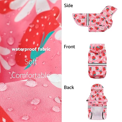 Fitwarm Strawberry Daisy Dog Raincoat with Hood, Waterproof Rain Jacket for Small Dogs Girl, Reflective Pet Poncho with Harness Opening, Packable, Adjustable, Pink, Large - color: Strawberry, size: Large