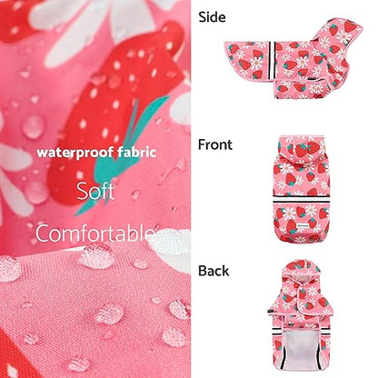 Fitwarm Strawberry Daisy Dog Raincoat with Hood, Waterproof Rain Jacket for Small Dogs Girl, Reflective Pet Poncho with Harness Opening, Packable, Adjustable, Pink, Large - color: Strawberry, size: Large