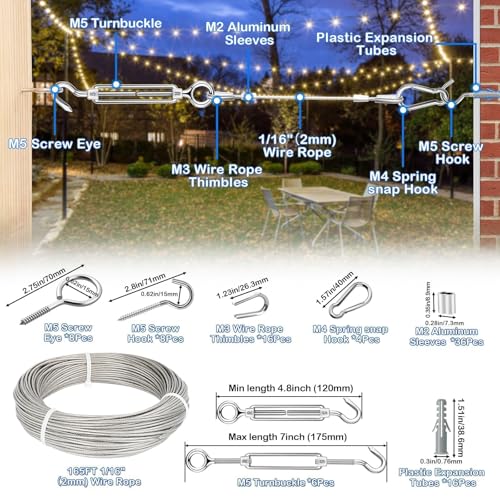 TooTaci 1/16 Wire Rope Kit, 165ft Vinyl Coated 304 Stainless Steel Cable - color: 50M+M5 Turnbuckle Wire Tensioner Kit