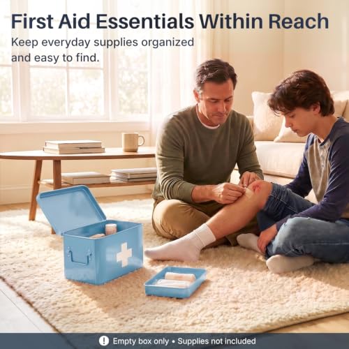 Flexzion Large Metal First Aid Box Empty, 8.5-Inch, Blue with White Cross - color: Blue, size: 8.5 Inch without Latch Lock