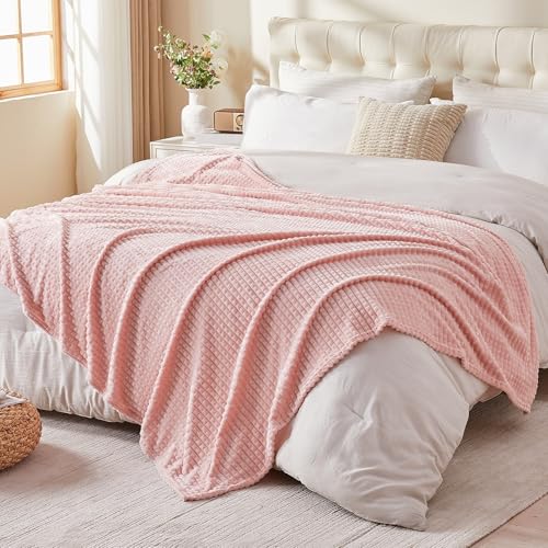 EMME Fleece Blanket, 3D Jacquard Throw Blanket for Couch and Bed, Soft Cozy and Fluffy Blankets Lightweight Luxury Flannel with Geometric Grid Design (Pink, 80" x 90") - color: 16-grid-baby Pink, size: Queen