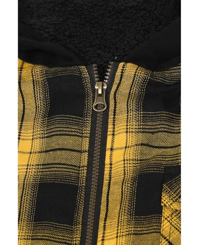 ZENTHACE Men's Sherpa Lined Full Zip Hooded Plaid Shirt Jacket - color: Yellow and Black, size: Small