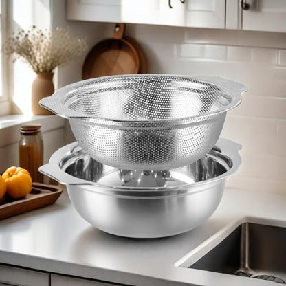 Stainless Steel Colander for Kitchen, 2.5QT Rice Washer Strainer with Mixing Bowl, Colander Bowl Set with Microporous for Washing Rice, Pasta, Spaghetti, Fruits, Dishwasher Safe(2PC) - size: 2.5QT