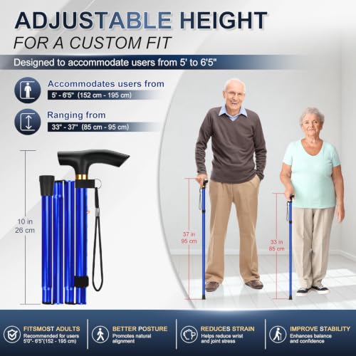supregear Folding Cane, 5-Level Adjustable Height Walking Stick Lightweight Collapsible Portable Travel Cane with Wrist Strap and T Handle for Elderly Disabled Men Women - color: Dark Blue
