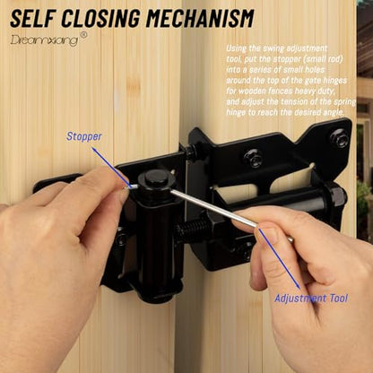 Heavy Duty Non-Weld Self Closing Gate Hinges Adjustable Hardware 2 Pack | 90 Degree Gate Hinges Kit for Wood/Vinyl/Metal/Outdoor Fence, with Self-Tapping Screws and Swing Adjuster Tool