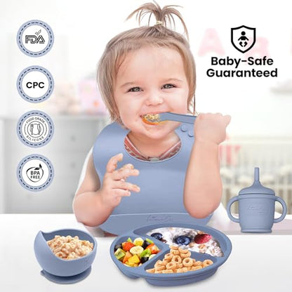 Silicone Baby Feeding Set, Suction Plates Bowls Bibs for Self Feeding –Gray | Baby Plates, Silicone Feeding Set, BPA-Free Toddler Bowls, Baby Spoons Forks, Empower Independence, Easy Clean - color: Gray