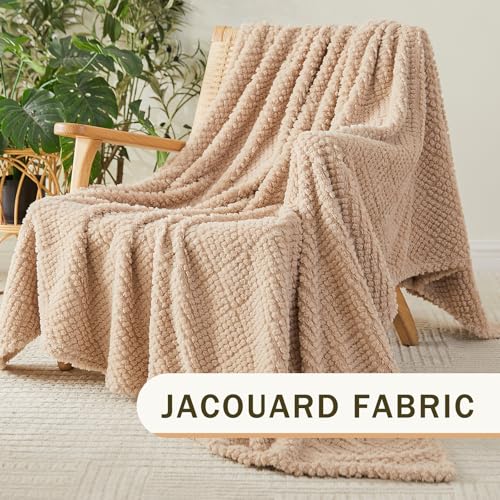 EMME Fleece Blanket, 3D Jacquard Throw Blanket for Couch and Bed, Soft Cozy and Fluffy Blankets Lightweight Luxury Flannel with Waffle Design (Beige, 80" x 90") - color: 02-waffle-beige, size: Queen