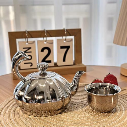 Stainless Steel Teapot with Removable Infuser - 12OZ Stovetop Safe Tea Maker Water Kettles for Loose Leaf, Small Pumpkin Tea Kettle for Coffee Tea Milk, Thickened Mirror Polished Ornaments