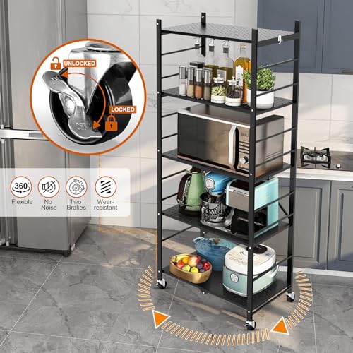 Himix 5-Tier Foldable Storage Shelves with 20 Hooks Wheels Kitchen Black - color: Black, size: 5-Tier