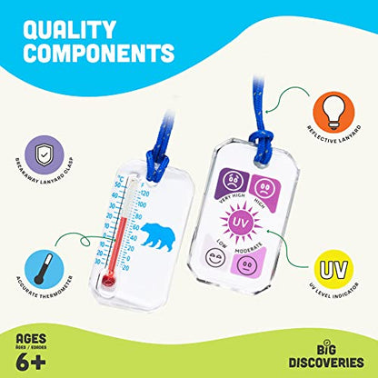 Big Discoveries Wildlife Zip-o-gage - Outdoor Thermometer for Kids with UV Exposure Decal | Reflective Breakaway Lanyard and Fun Animal Designs | Camping and Hiking Accessory for Children - style: Blue Bear
