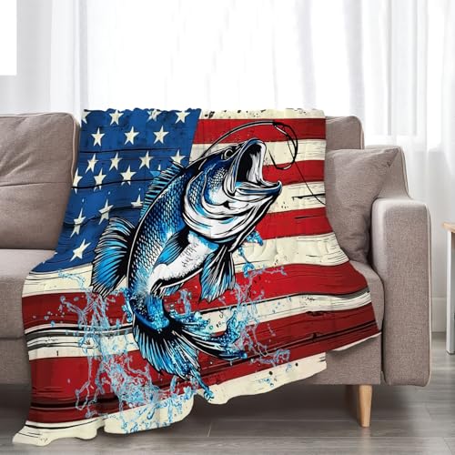 Bass Fish Blanket American Flag Fishing Throw Blanket 50"x40" - color: Bass Fish, size: 50"x40"