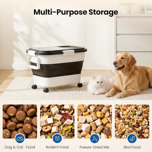 Dog Food Storage Container 15-25lbs, Airtight Pet Food Bin with Locking Lid & Clear Window, Collapsible Rolling Storage Container with Wheels & Scoop, Black - color: Black-M