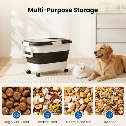 Dog Food Storage Container 15-25lbs, Airtight Pet Food Bin with Locking Lid & Clear Window, Collapsible Rolling Storage Container with Wheels & Scoop, Black - color: Black-M