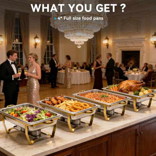 9QT Chafing Dishes for Buffet 4 Pack with 4 Full-Size Pans, Gold - color: Full Golden