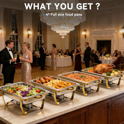 9QT Chafing Dishes for Buffet 4 Pack with 4 Full-Size Pans, Gold - color: Full Golden