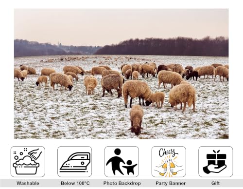 4x4ft Fabric Flock Wool Sheep Backdrop Thin Snow Pasture Leafless Dark Wood Overcast Sky Photography Background Tapestry Party Winter Farm Decorations Photo Booth Props - size: 4x4ft