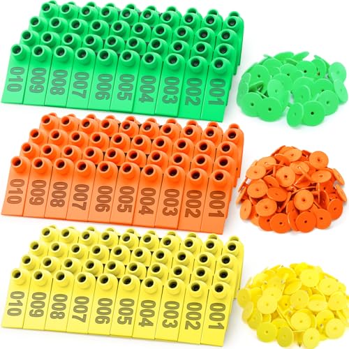 DoubleFill 300 Pcs Livestock Ear Tags for Sheep Goat Cattle 001-100 Number Plastic Sheep Ear Tags for Cow Pig Dog Deer Horse Farm Animal Identification (Green,Yellow,Orange) - color: Green,yellow,orange