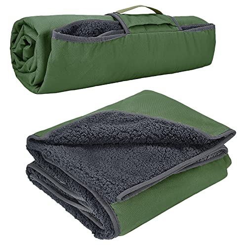 Tirrinia Waterproof Outdoor Blanket with Sherpa Lining, Windproof Foldable - color: Dark Green/Grey, size: 59” x 80”