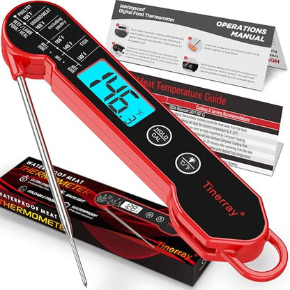 Professional Digital Meat Thermometer Instant Read Waterproof – Folding Probe Food Thermometer with Backlight & Calibration, Fast Read for BBQ, Grill, Deep Fry, Cooking, Liquids, Gift for Chef - color: Red