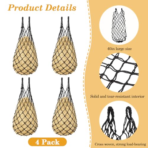 Klmnop 4-Pack Heavy Duty Slow Feed Hay Nets for Horses, 40" Hanging Hay Bags with 1.97" Small Holes, Regulate Feeding for Horse Goat Sheep in Stall Trailer Paddock(Black)