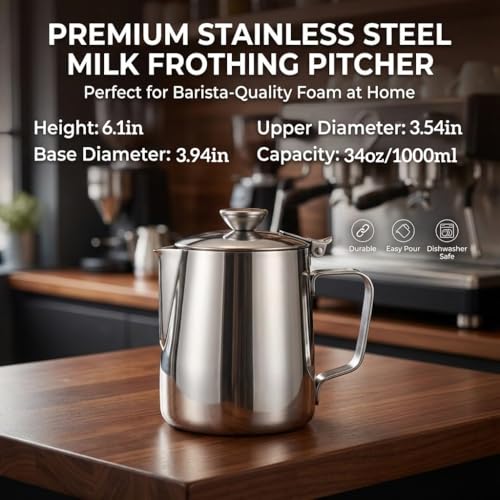 Milk Frothing Pitcher, 1000ml (34oz), Stainless Steel Creamer with Lid | Fits for Milk, Coffee, Cappuccino and Latte Art - size: 34 Ounces