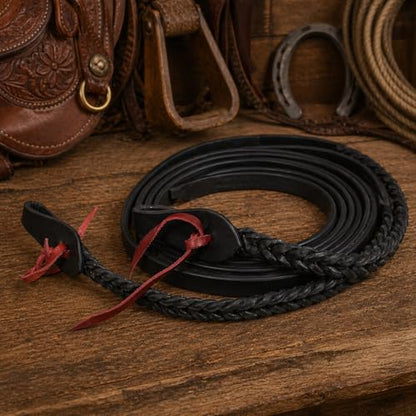 CHALLENGER Horse Western 8 Feet Leather Braided Leather Split Reins 66RT49 - color: Black