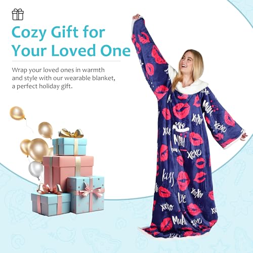 Catalonia Sherpa Wearable Blanket with Sleeves and Pocket for Adults - color: Kiss Dark Blue, size: Standard Pocket