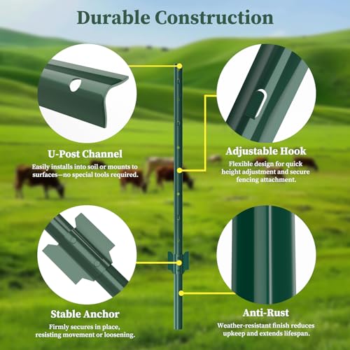 Metal Fence Posts Heavy Duty U-Post Stakes for Wire Fencing, 4 FT Green - color: Green, size: 4FT-20P