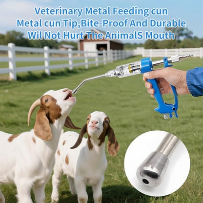 Adjustable Veterinary Metal Feeding Gun: Large Goat Drench Gun - Anti-Bite Metal Head Livestock Self-Feeding Tool - with Bucket for Pigs, Cattle, Sheep, Horses