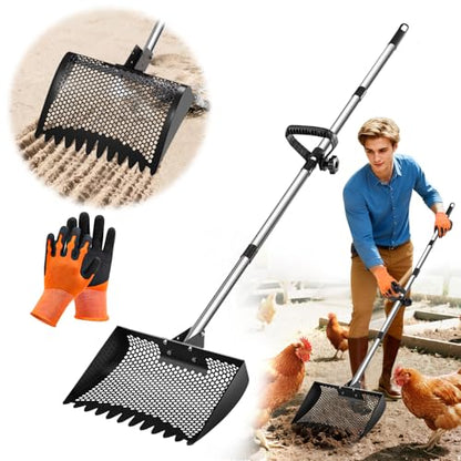 12inch Chicken Poop Scooper & Rake 2-in-1 with Adjustable Handle - color: Black