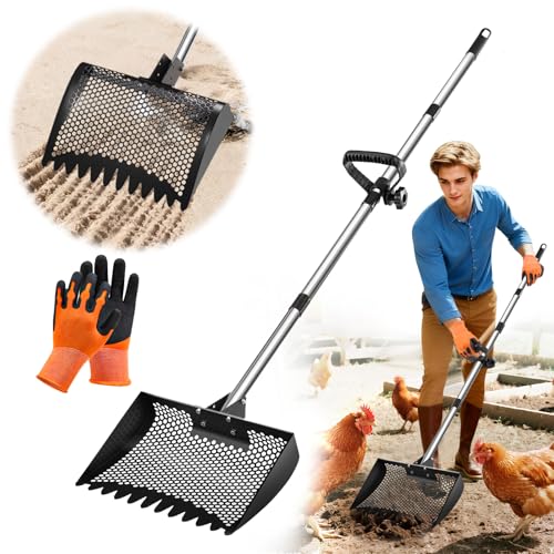 12inch Chicken Poop Scooper & Rake 2-in-1 with Adjustable Handle - color: Black