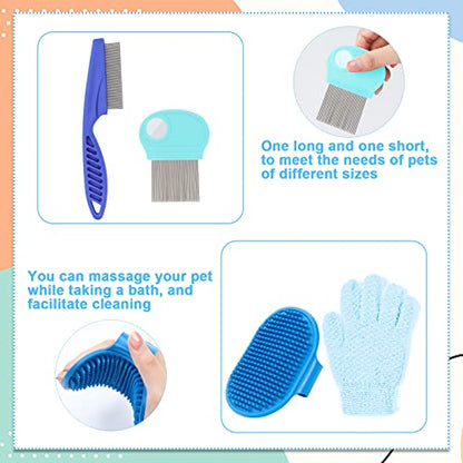 VCZONE Small Animal Grooming Set: Pet Nail Clipper & File, Flea Comb, Shampoo Brush, Shedding Slicker Brush, Massage Glove, Cleaning Comb (Blue) - color: Blue