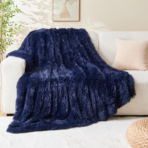 GONAAP Fuzzy Faux Fur Throw Blanket for Couch, Dark Navy, 50"x60" - color: Dark Navy, size: Throw(50"x60")