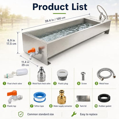 Automatic Livestock Water Trough, 54L Stainless Steel Animal Waterer with Float Valve Kit, Large Outdoor Auto Fill Water Dispenser for Horses Cattle Goats Pigs Hogs and Dogs
