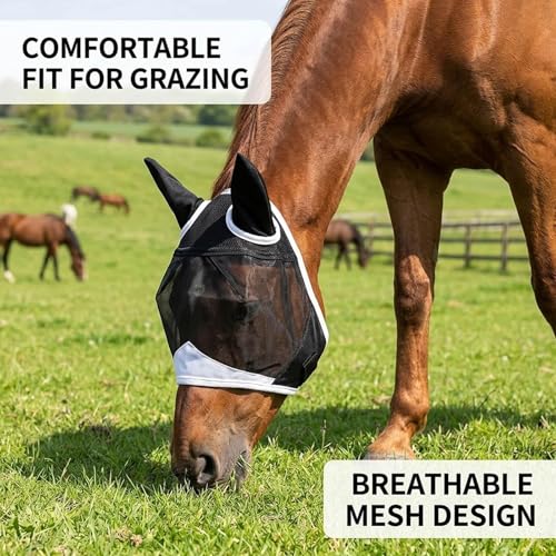 1PCS Fly Mask for Horses, Summer Turnout Protection with Enhanced Visibility, Breathable Mesh and Knit Fabric Design, Tangle-Free Fly Mask for Outdoor Riding and Stable Management (Full (Large))