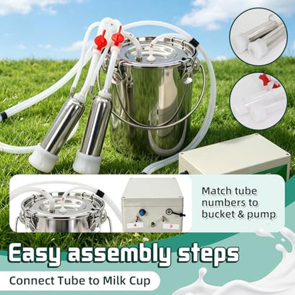 2in1 Cow & Goat Milking Machine 7L Rechargeable Portable Pulsation Milker | Upgrade 7L Food-Grade 304 Stainless Steel Bucket,Vacuum Pump Continuously Adjustable Pulsation Milker with 4 Teat Cups