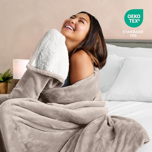 Bare Home Sherpa Fleece Blanket (Throw, Pebble) - color: 09 - Light Taupe, size: Throw/Travel