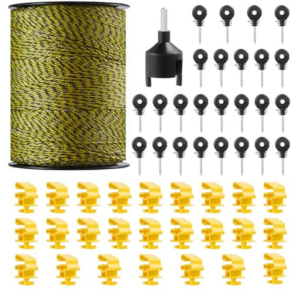 VEVOR Electric Fence Wire, 1640Ft 500M Portable Polywire, 1/8" Diameter 6 Stainless Steel Strands, Fencing Rope Line with 25 Fence Insulators and 25 T-Post Insulators, for Horse, Cattle, Livestock - size: 1640Ft 500M, style: 1/8" Strands