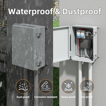 Joinfworld 14X10X6 Waterproof Junction Box Plastic Outdoor Weatherproof Box Nema 4 Enclosure Outdoor Electrical Control Box Weather Proof for WiFi Router Timer Marine | Weatherproof ABS box: insulation, vented, DIN rail, grid plate, 2 NPT3/4" glands, wall